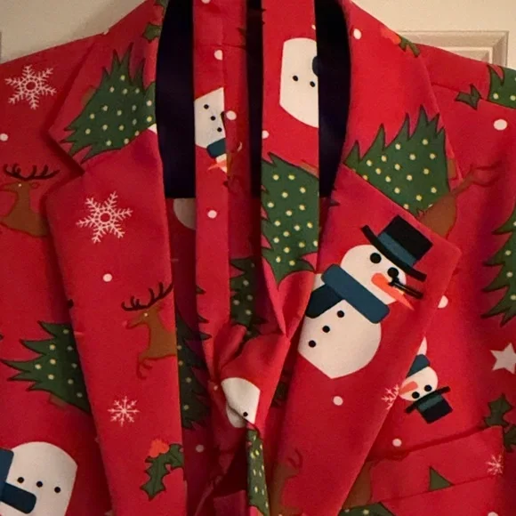 OppoSuits Red Christmas Suit with Snowman and Tree Design - Picture 10 of 10